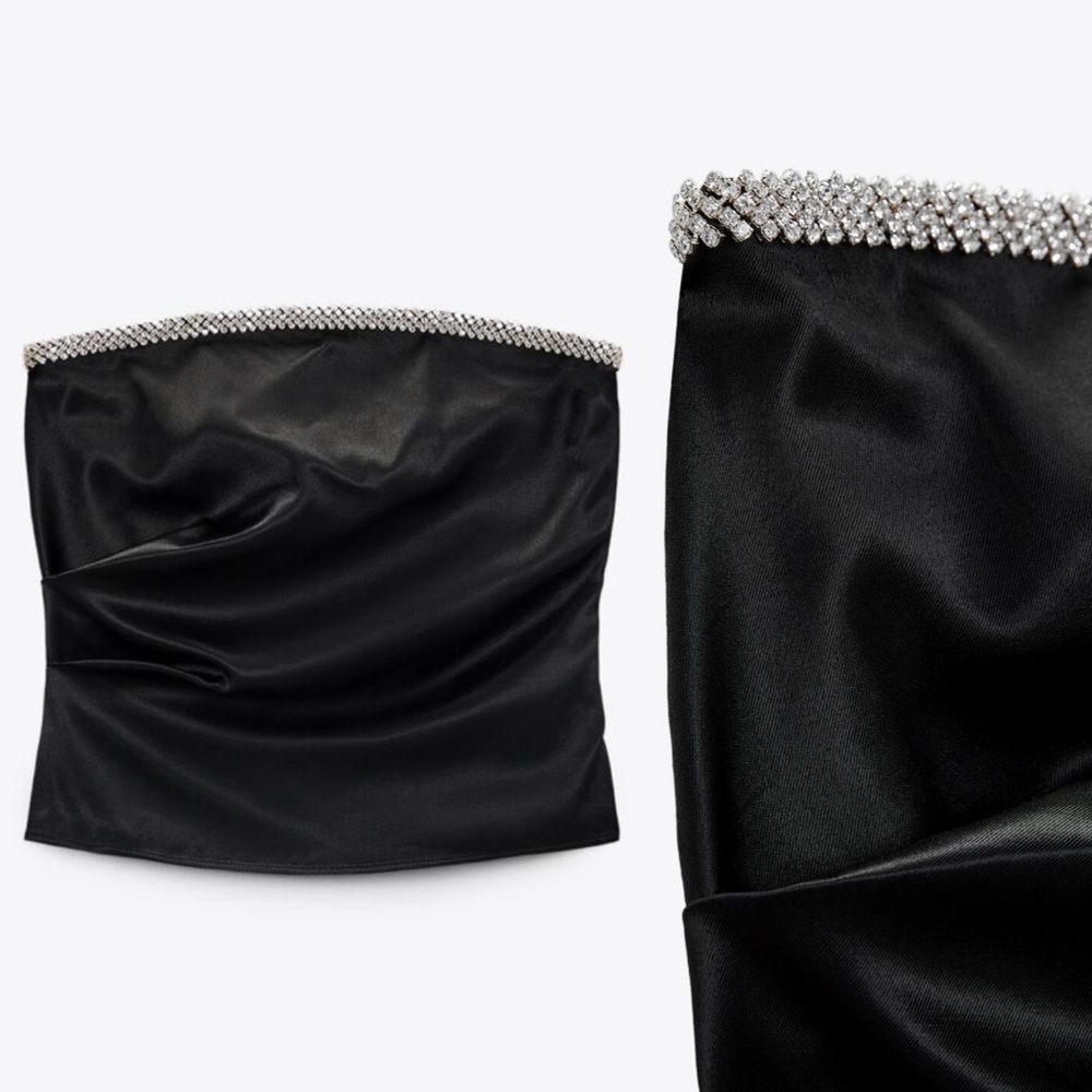 Zara black satin ruched rhinestone jewel embellished trim top
